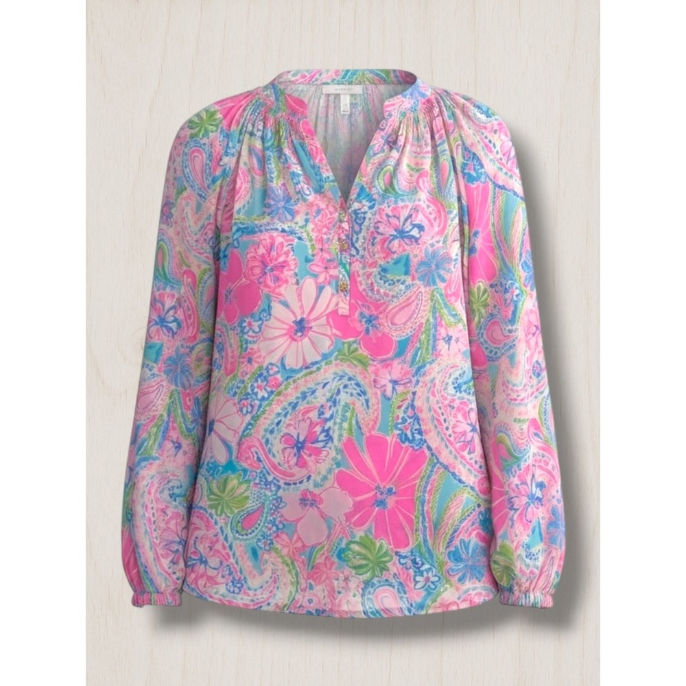 Lilly Pulitzer Elsa 100% Silk Floral Paisley Smocked Split Neck Blouse XS